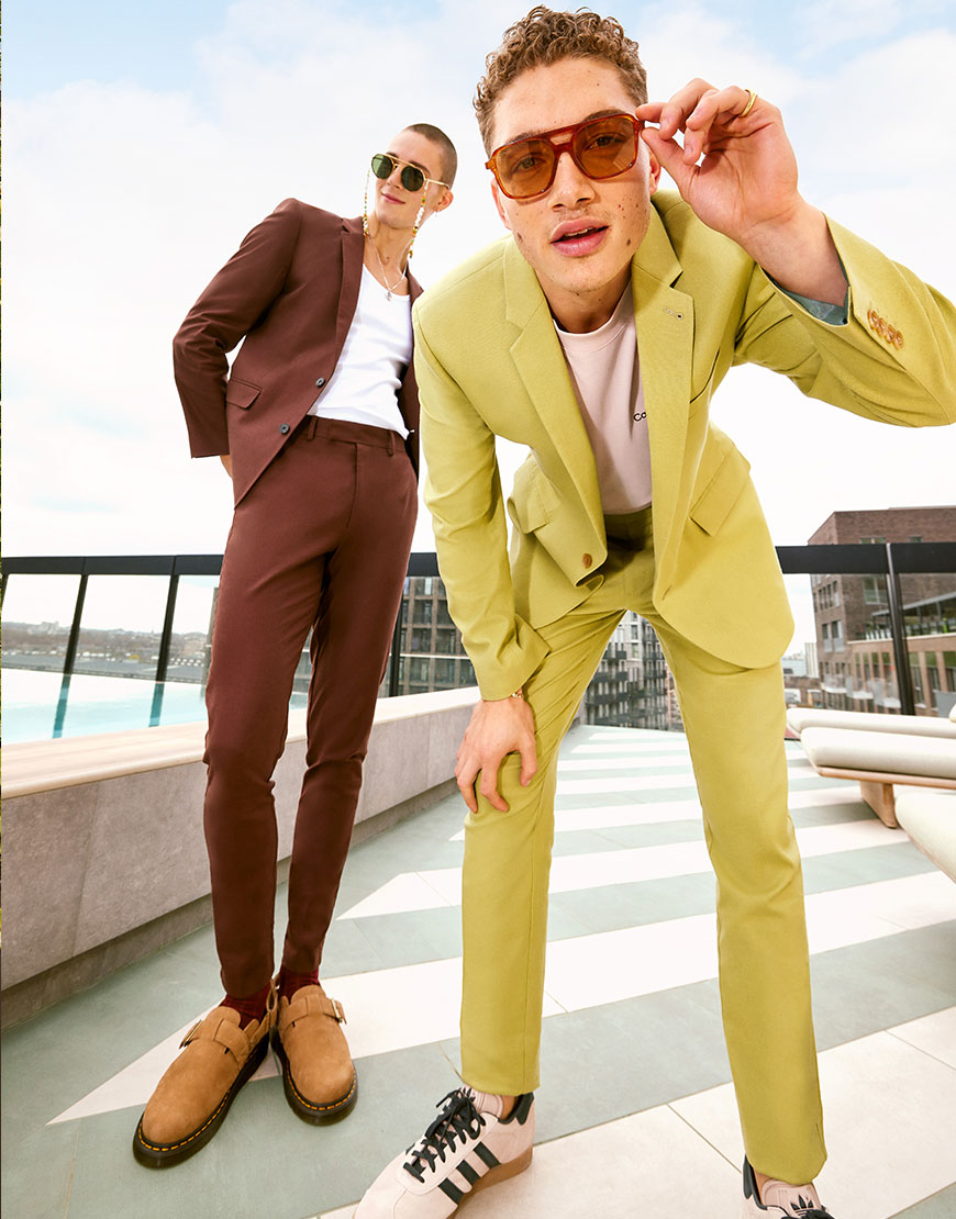 Model wearing a green suit and model wearing a brown suit | ASOS Style Feed