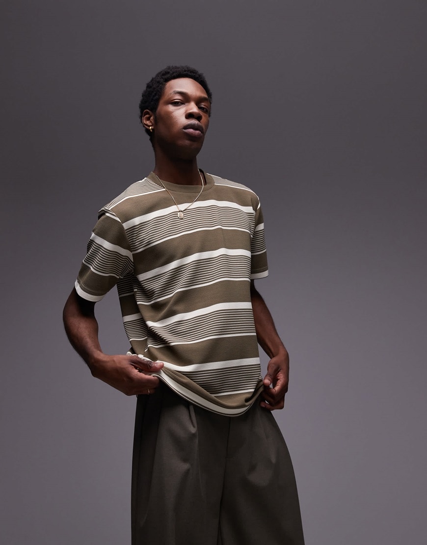 A model wearing a khaki striped top