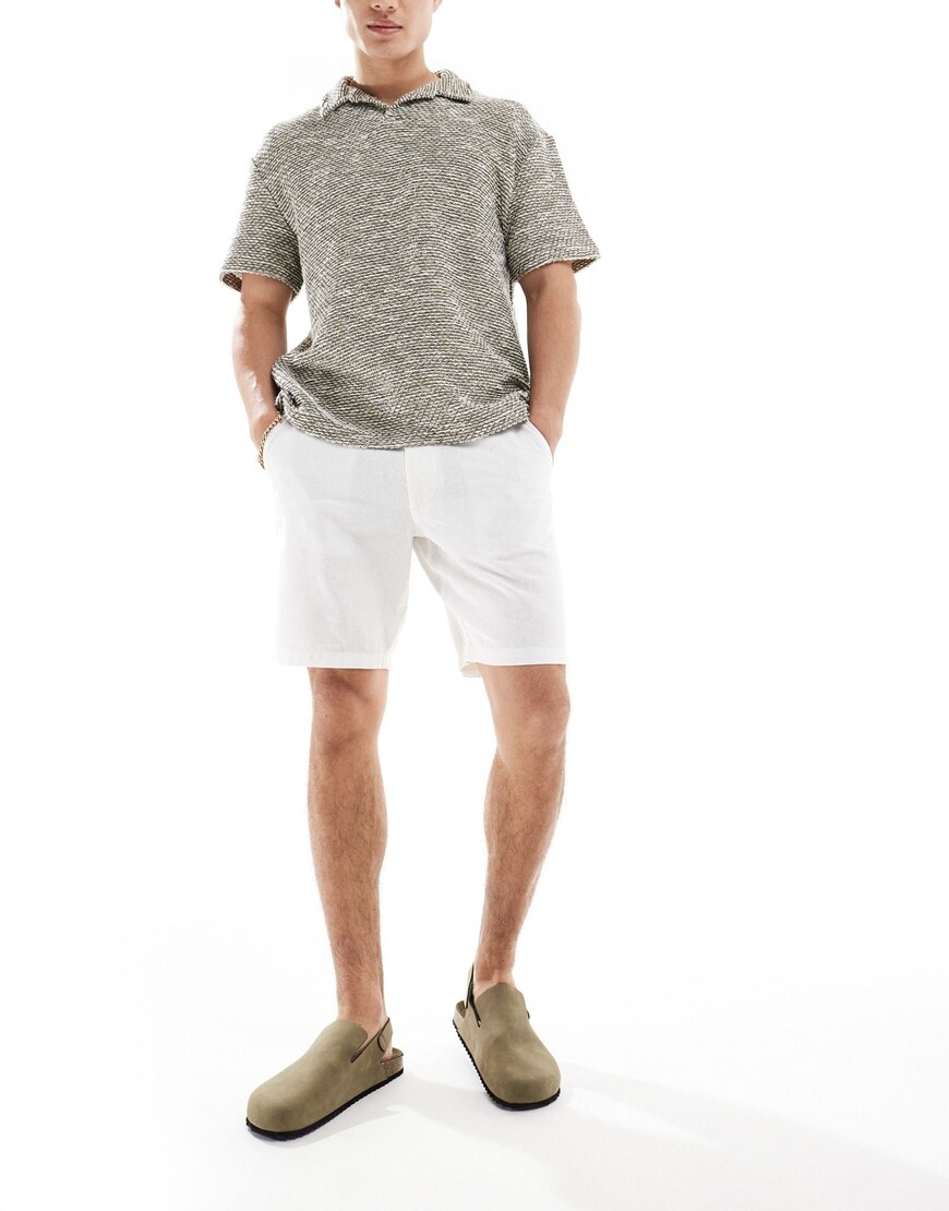 ASOS DESIGN slim regular length linen mix shorts with fixed waist in white