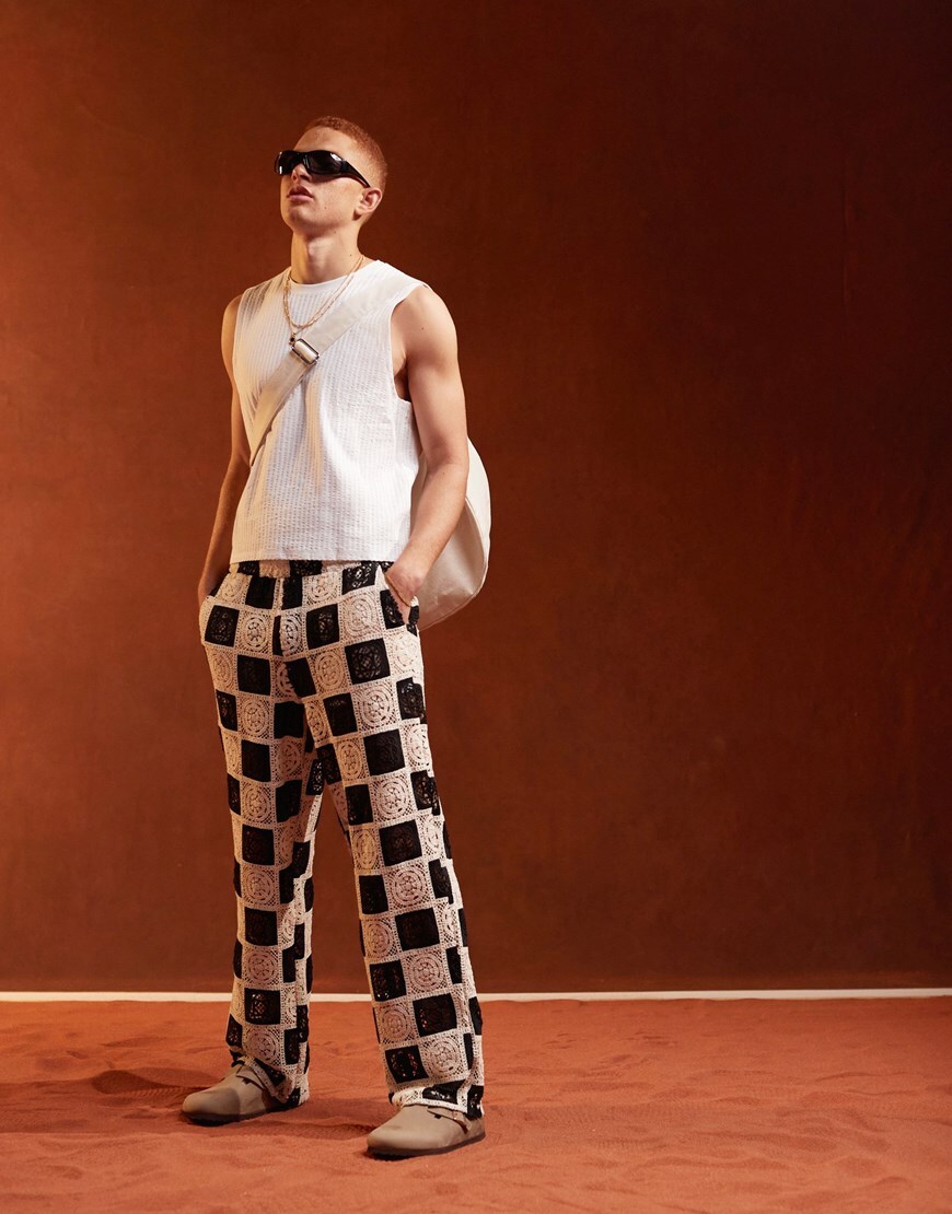 Person wearing ASOS DESIGN Premium crochet textured wide beach trouser with elasticated waist in black and white