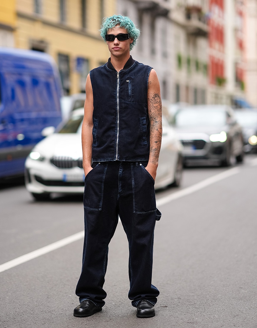 Guest wearing a denim gilet and carpenter jeans | ASOS Style Feed