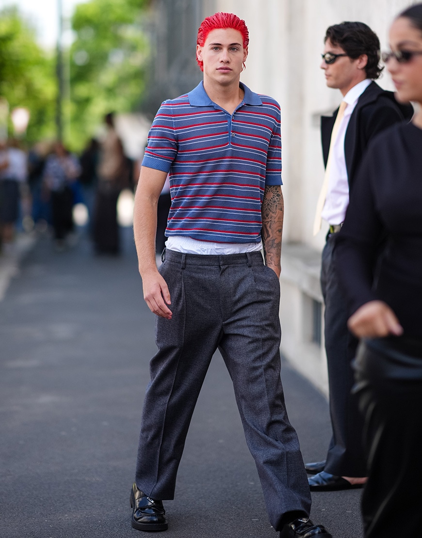 Guest with red hair wearing a striped polo shirt and loose trousers | ASOS Style Feed