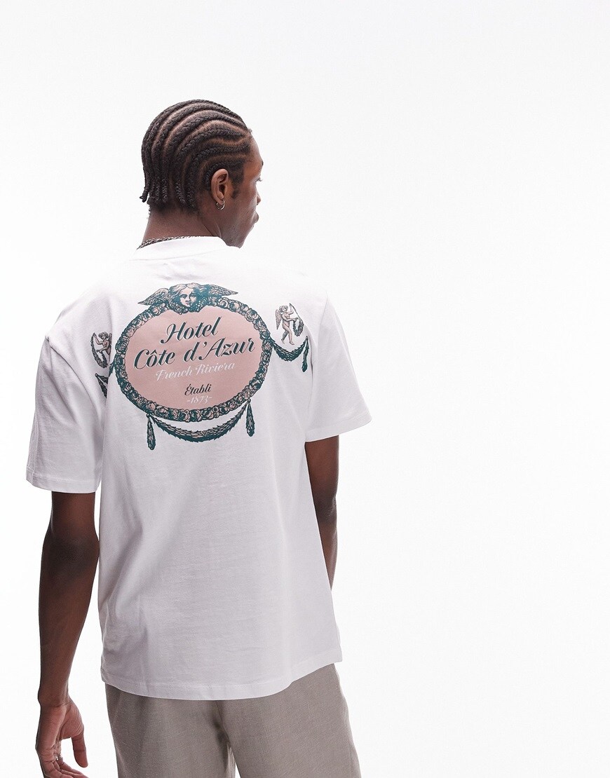 Topman oversized fit t-shirt with Hotel Cote D'Azur front and back print in white | ASOS Style Feed