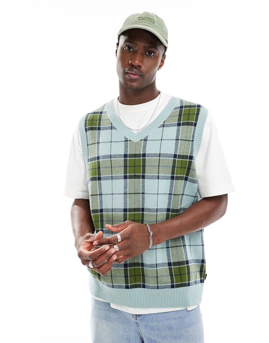 Vans Almondwood plaid sweater vest in blue and green