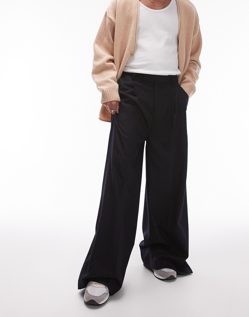 Topman premium wide twin pleat pants in navy | ASOS Style Feed