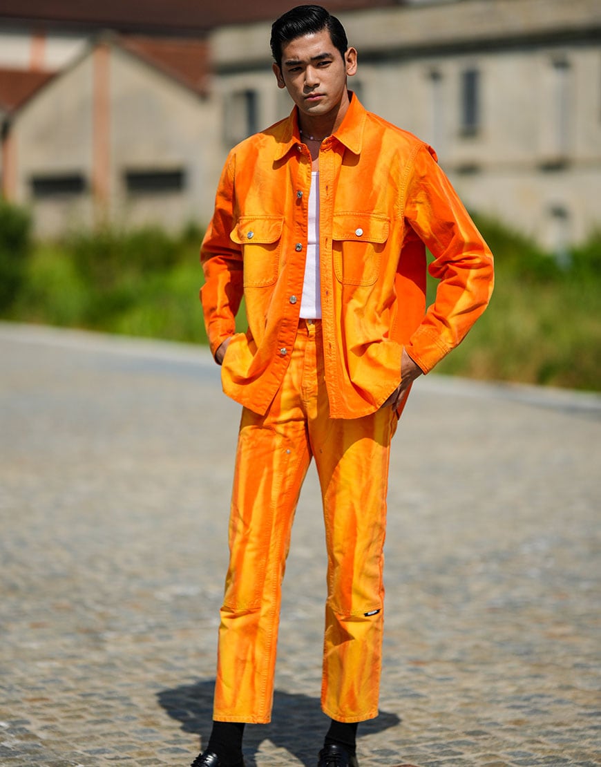 Street styler wearing citrus colours to enhance his tan | ASOS Style Feed