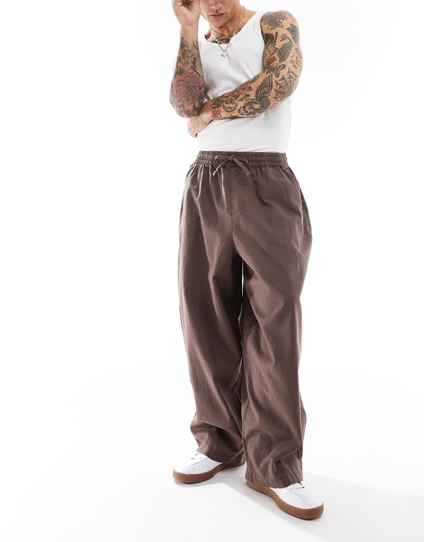 ASOS DESIGN wide parachute linen pants in washed brown with elasticated waist