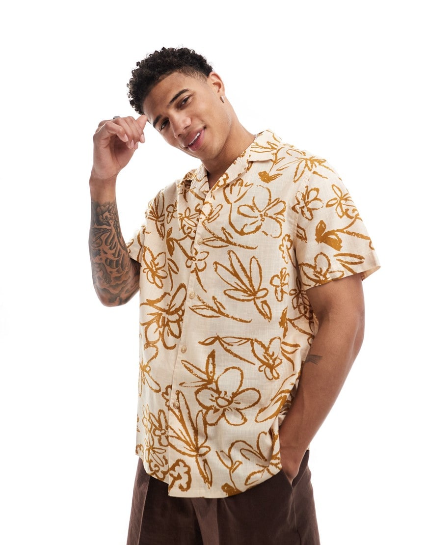 ASOS DESIGN relaxed revere linen look shirt in neutral floral print
