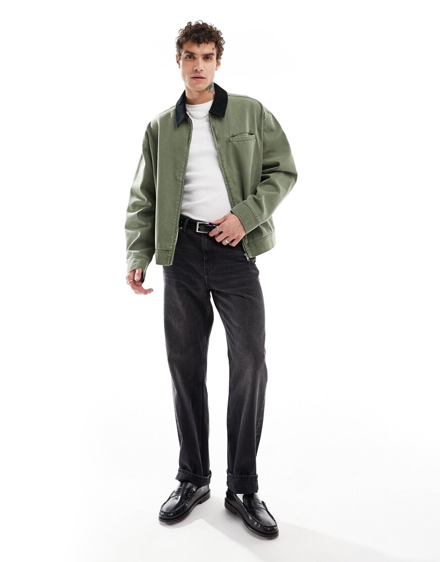 ASOS DESIGN oversized washed harrington jacket with cord collar in khaki