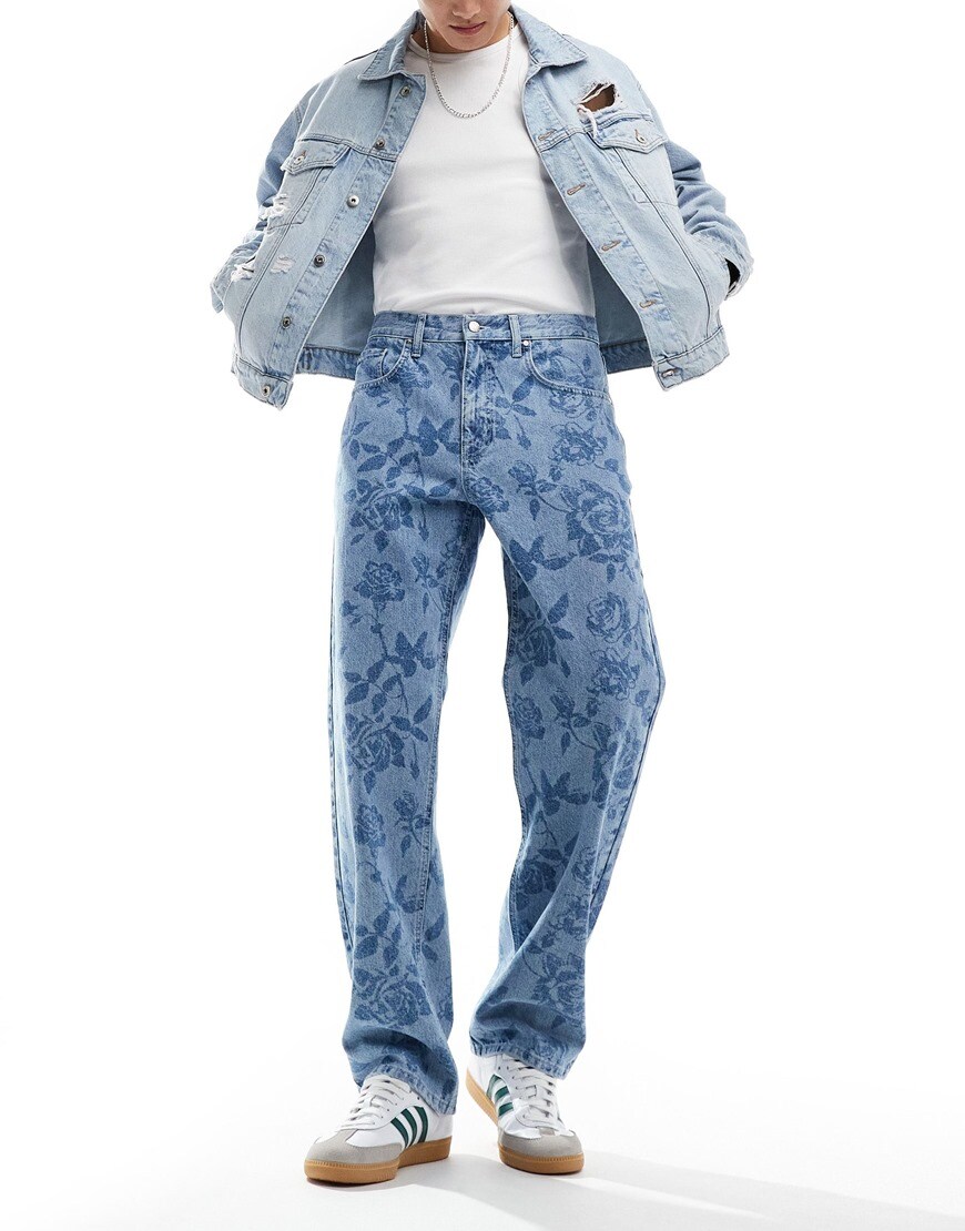 ASOS DESIGN baggy jeans in mid wash with all over floral print