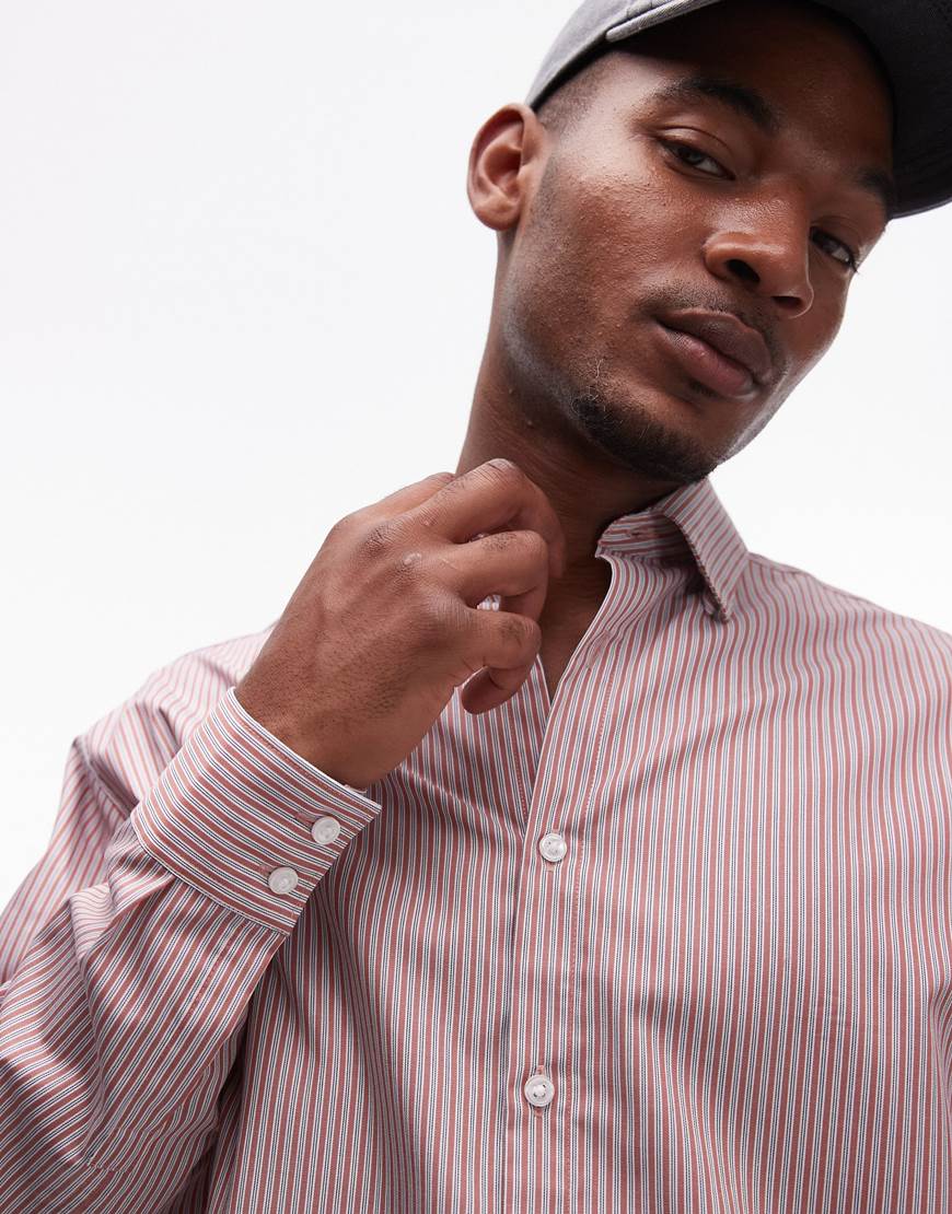 Topman long sleeve oversized burnt red striped shirt