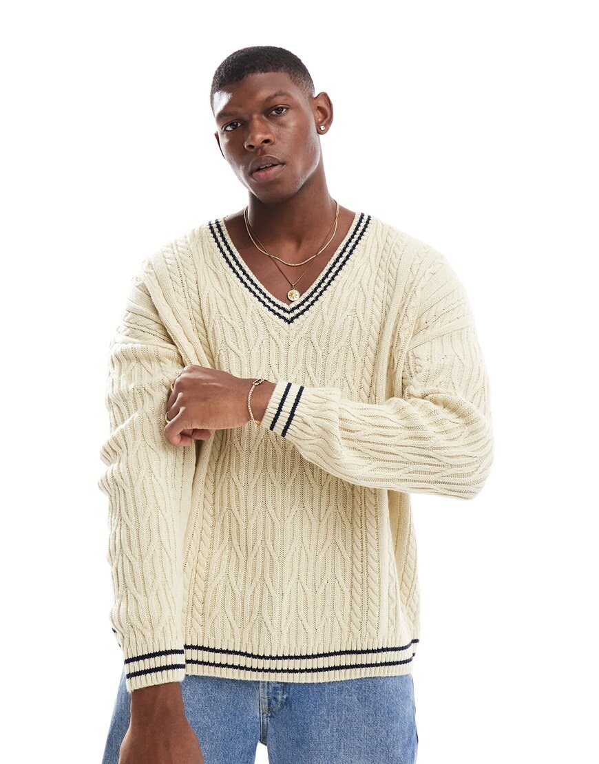 ASOS DESIGN oversized cable knit cricket sweater in cream