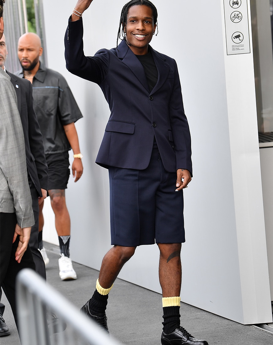 A$AP Rocky wearing shorts and lace up loafer shoes