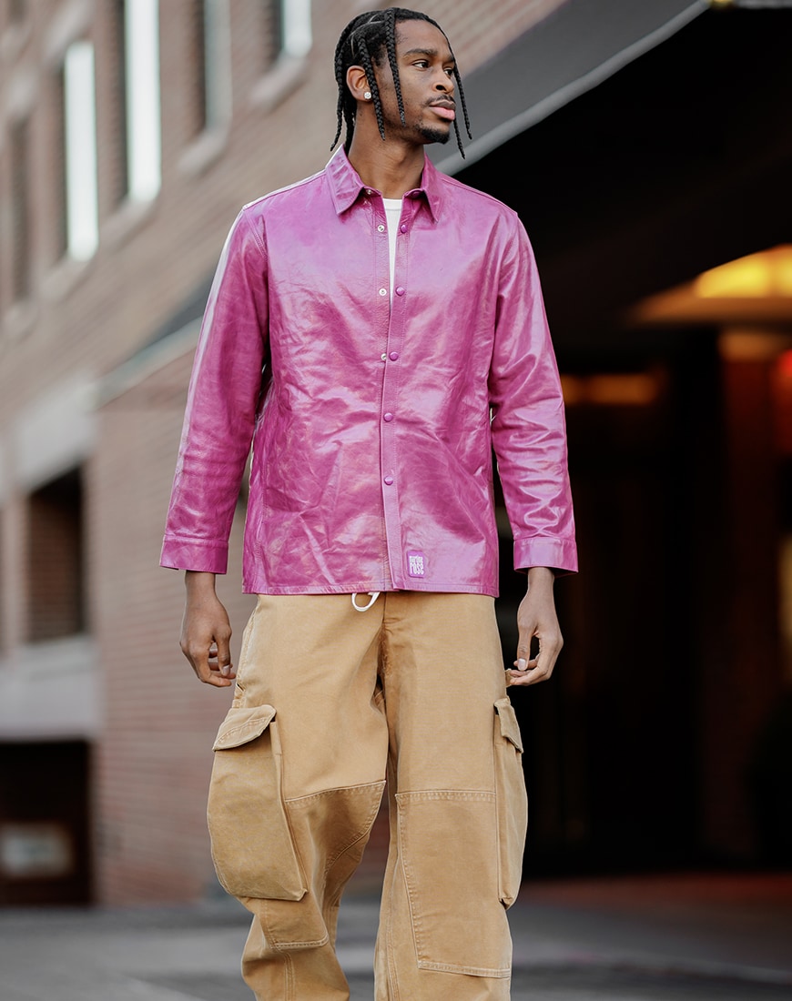 Shai Gilgeous-Alexander wearing pink metallic overskirt with beige cargo pants