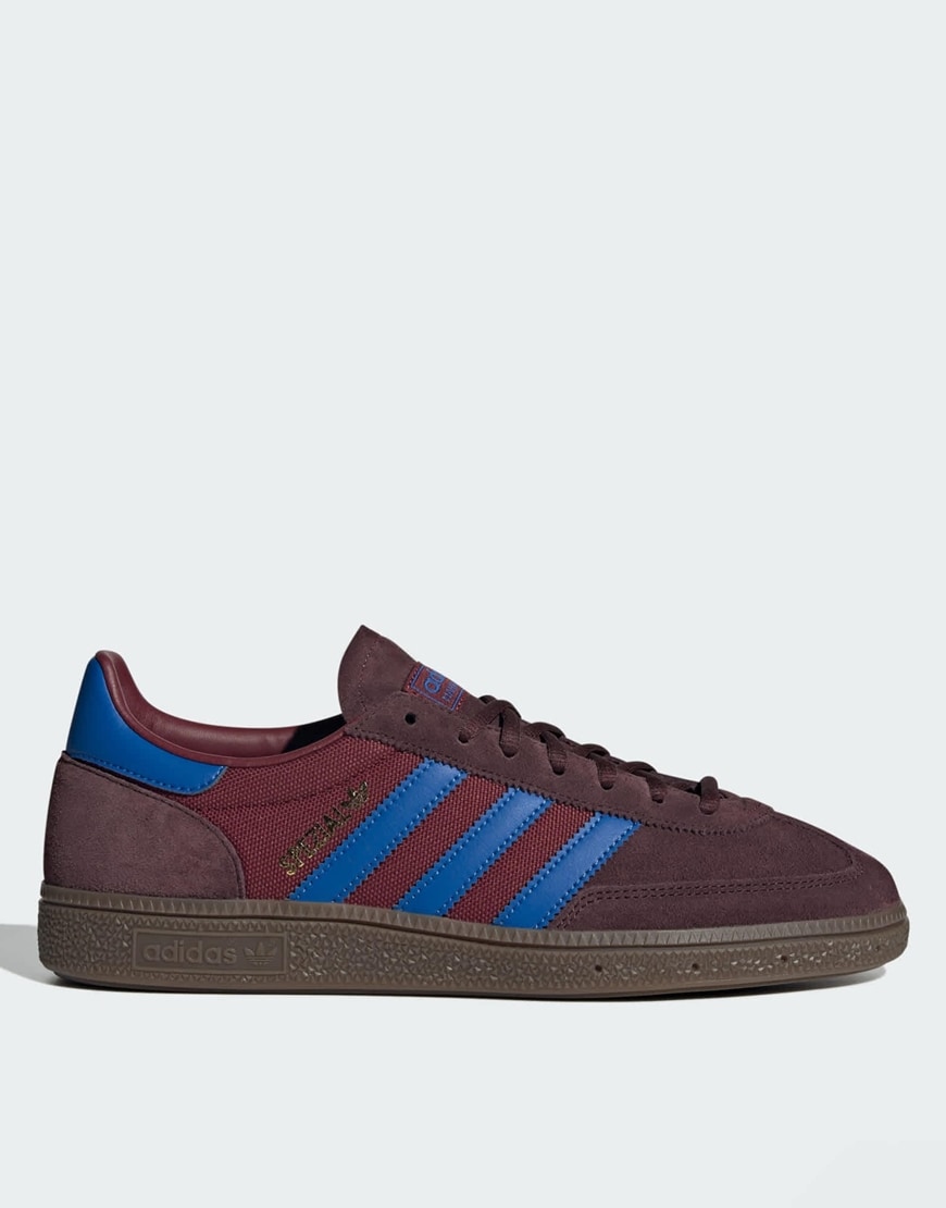 Burgundy Adidas Samba with blue stripes
