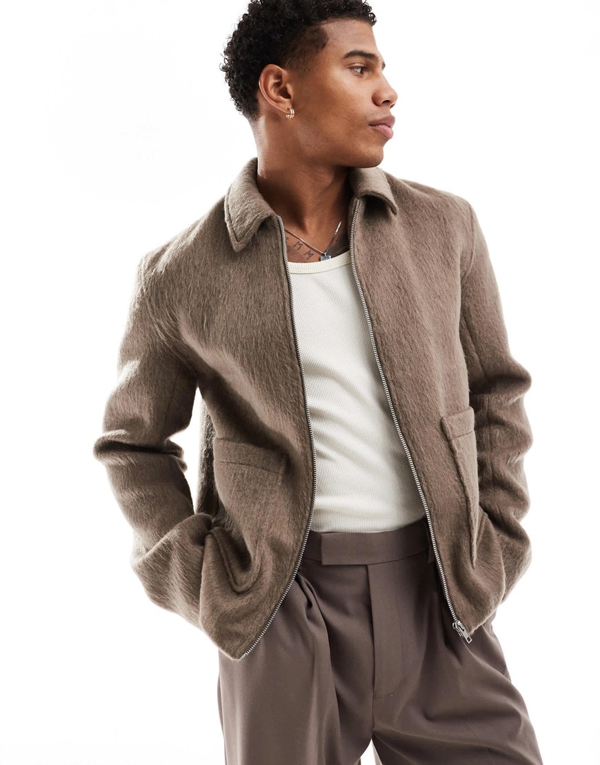 Textured harrington jacket in mushroom brown over a white vest