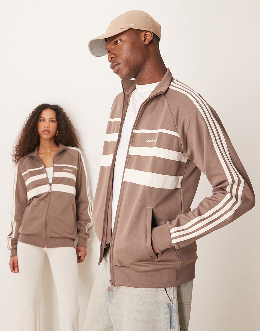 Two models wearing a brown adidas Originals zip up track top | ASOS Style Feed