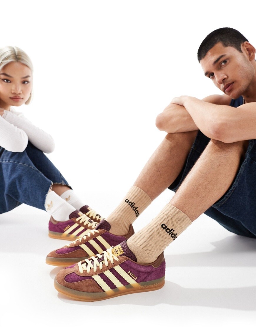 adidas Originals Gazelle Indoor trainers in maroon and yellow with gum sole | ASOS Style Feed