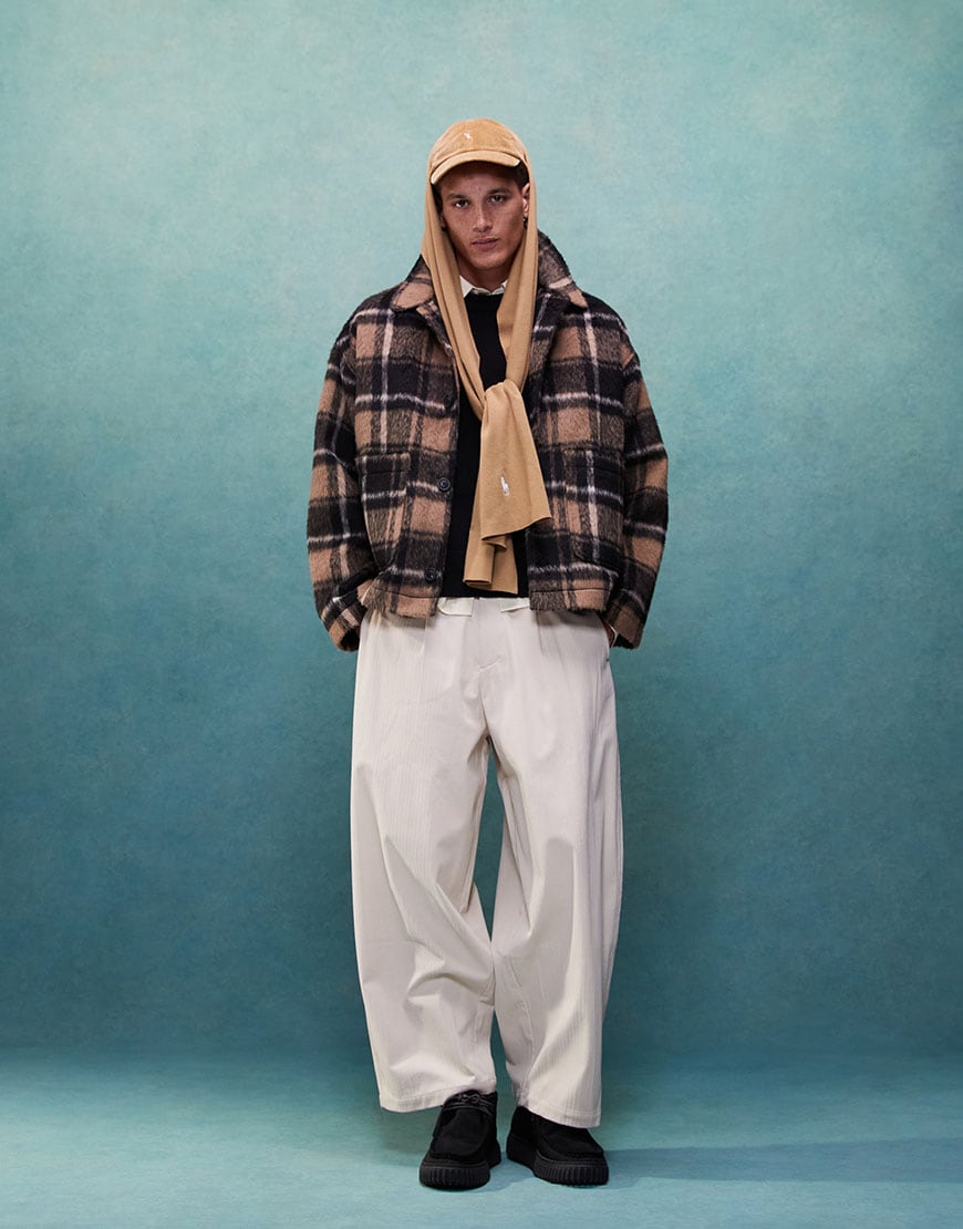 Model wearing hat, scarf, checked jacket and balloon trousers| ASOS Style Feed