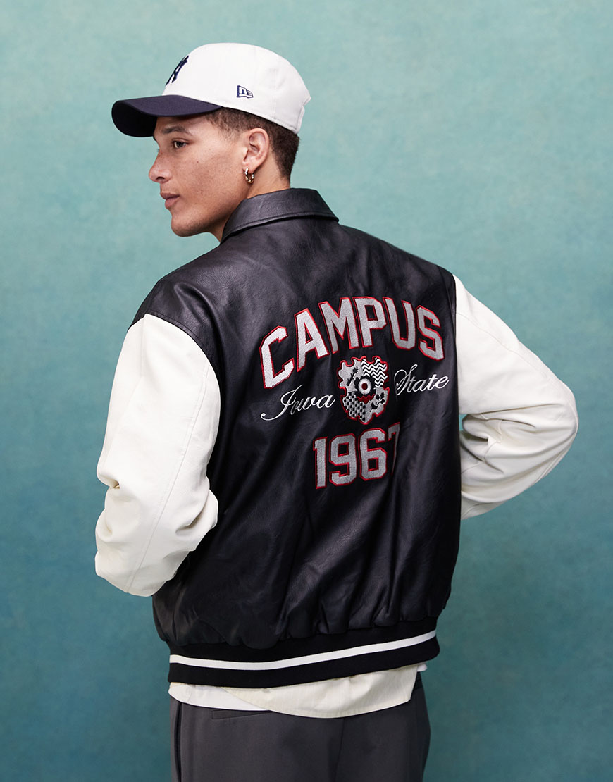 Model wearing varsity jacket | ASOS Style Feed