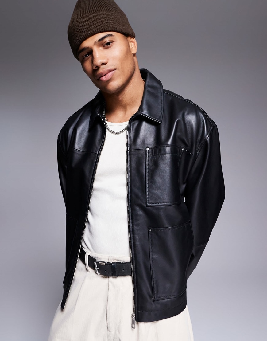 ASOS DESIGN Premium real leather oversized harrington jacket in black | ASOS Style Feed