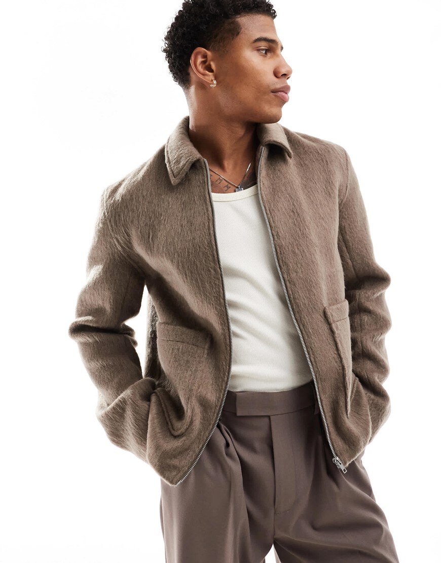 ASOS DESIGN textured harrington jacket in mushroom | ASOS Style Feed