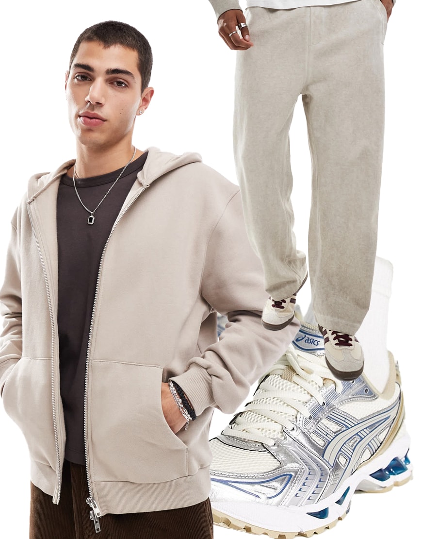 Collage of beige clothes to wear to ice skating