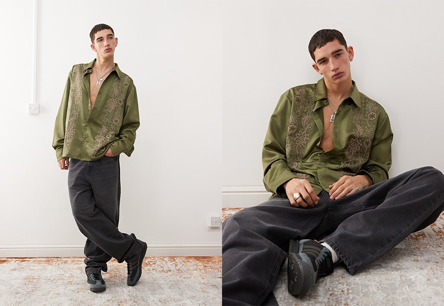 Model wearing green silk shirt