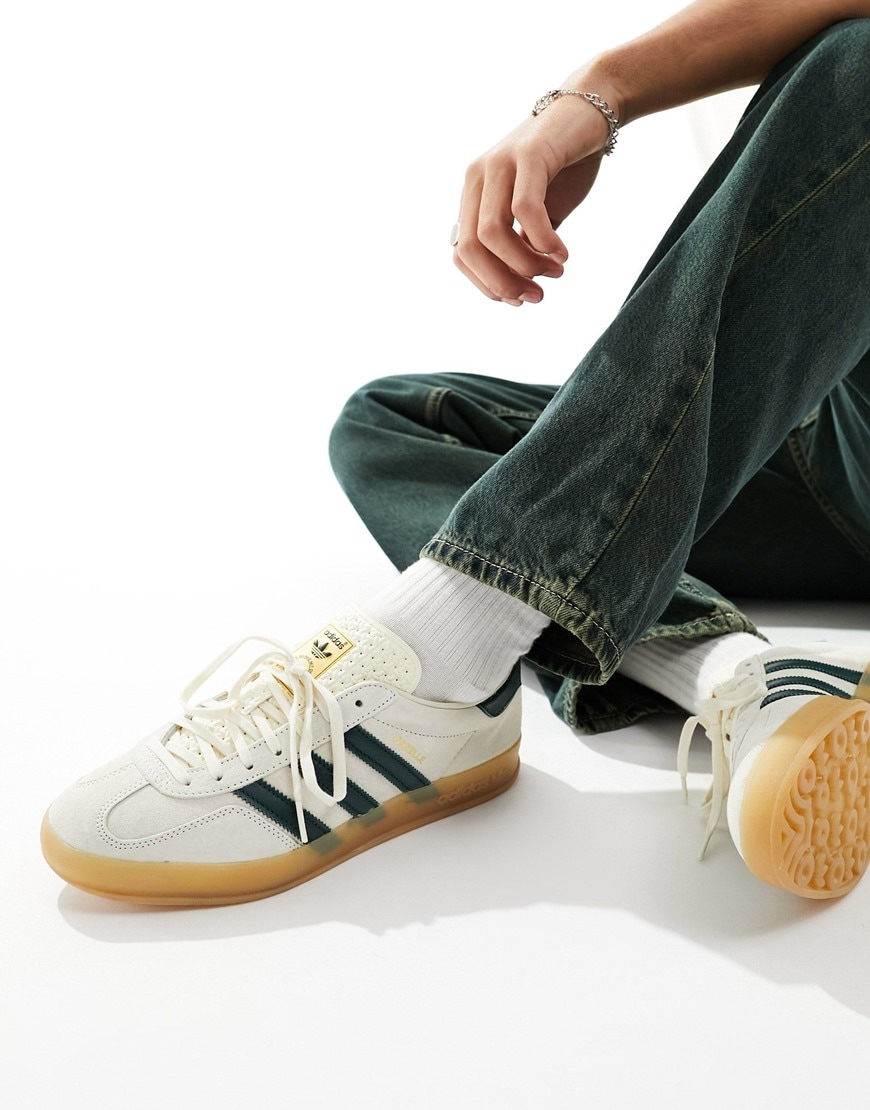 adidas Originals Gazelle Indoor gum sole sneakers in white and green