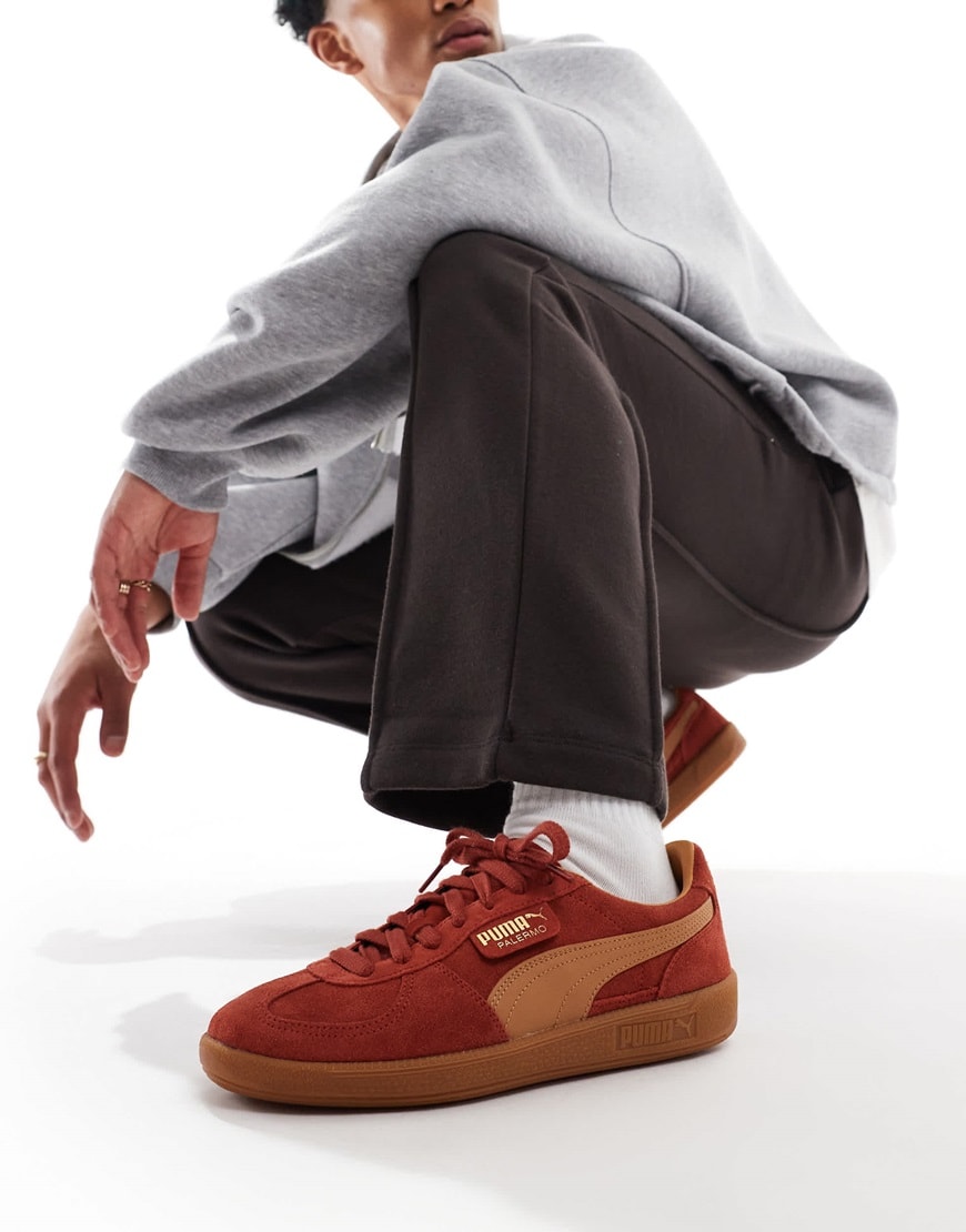 PUMA Palermo sneakers in burgundy and brown detail