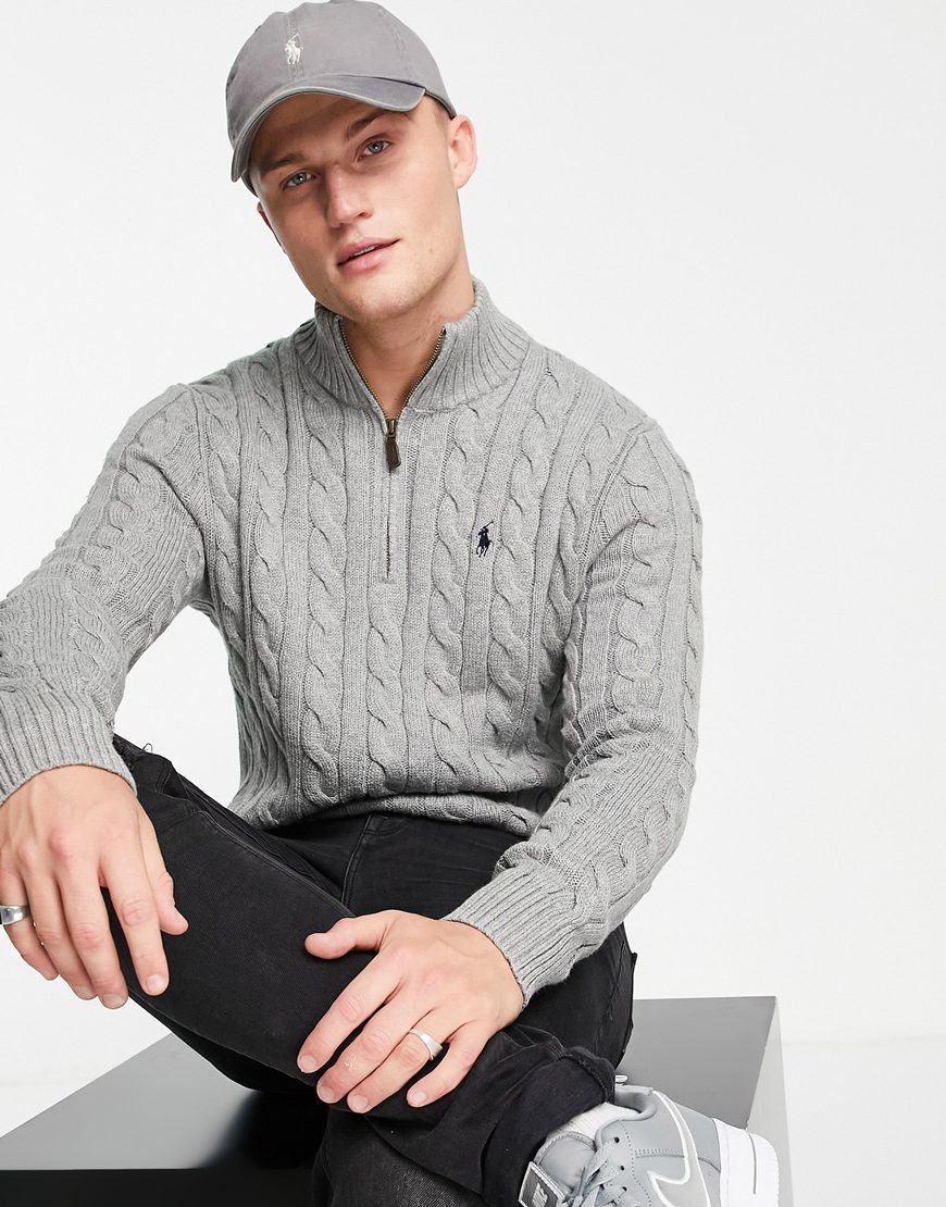 Polo Ralph Lauren icon logo half zip cotton cable knit sweater in gray heather