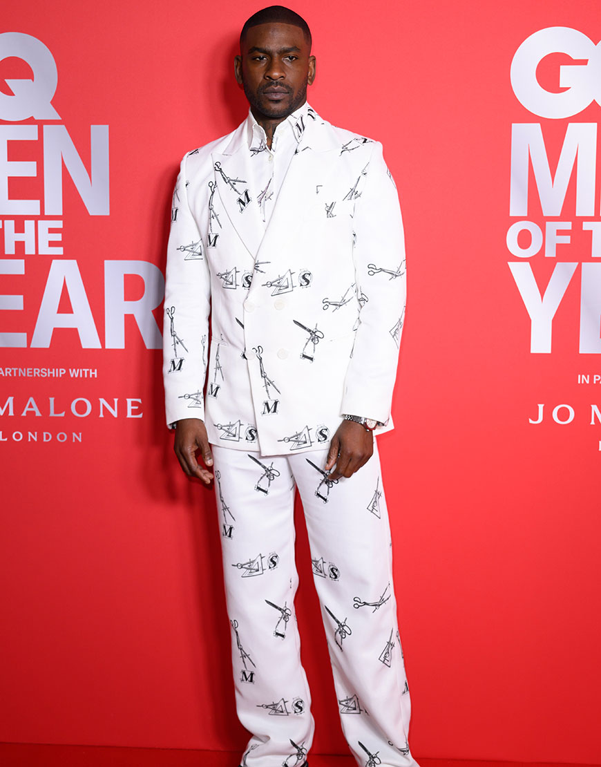 Skepta wearing a white printed MAINS suit | ASOS Style Feed