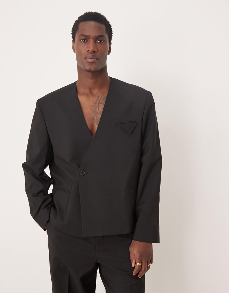 Model wearing wrap suit jacket