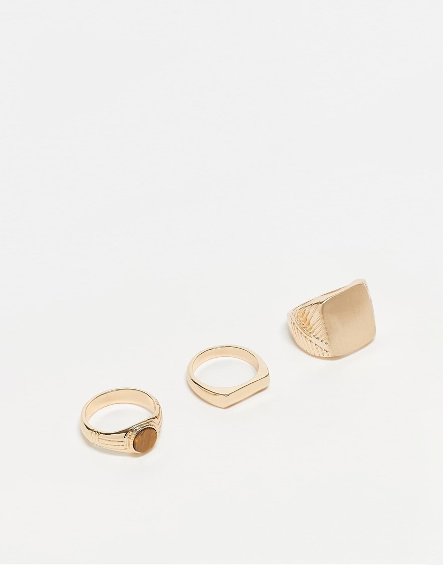 ASOS DESIGN 3-pack signet ring set with semi-precious tigers eye stone in gold tone