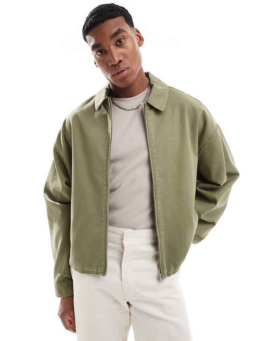 ASOS DESIGN boxy oversized harrington jacket in washed green