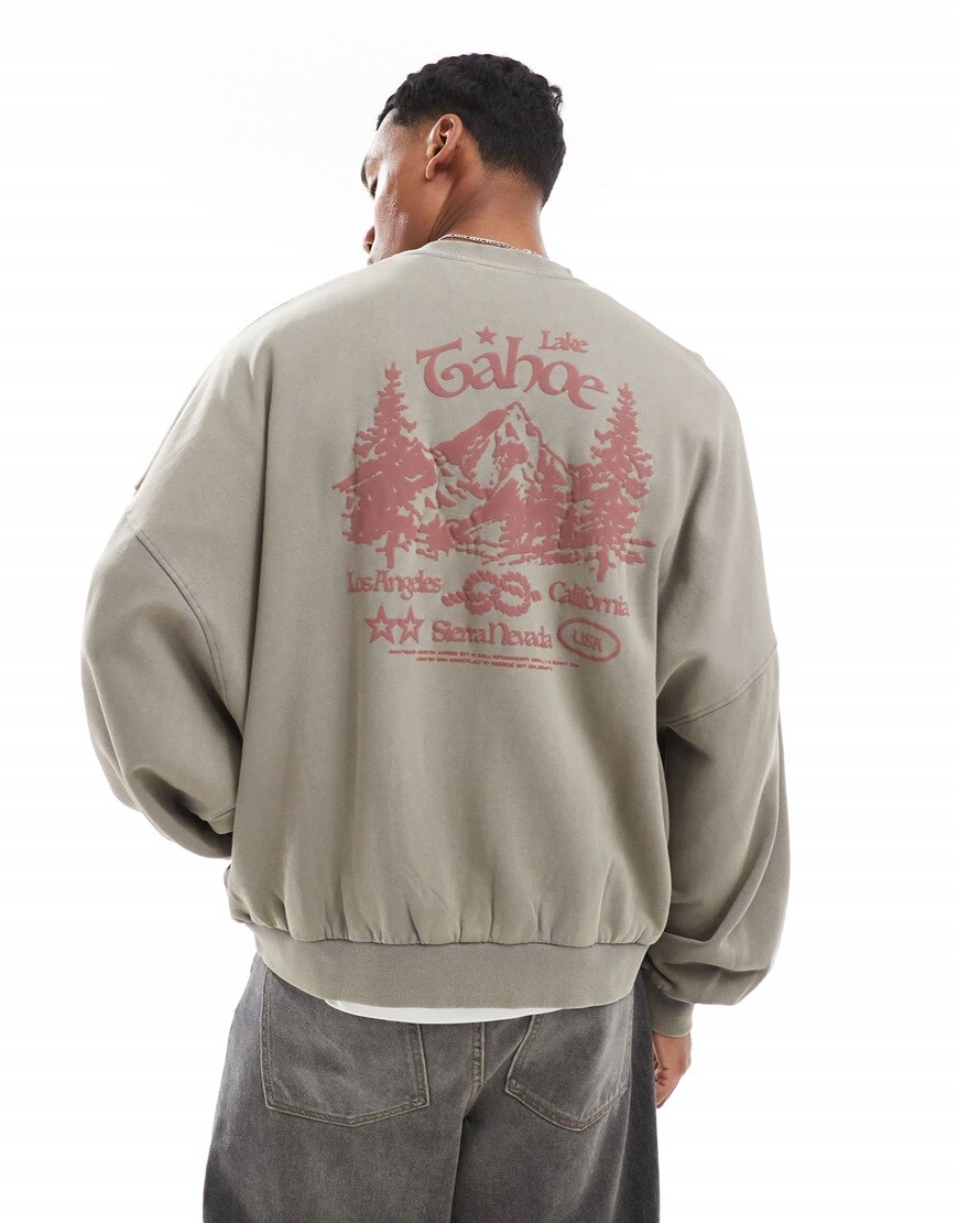 ASOS DESIGN extreme oversized sweatshirt with front and back mountain puff print in washed gray