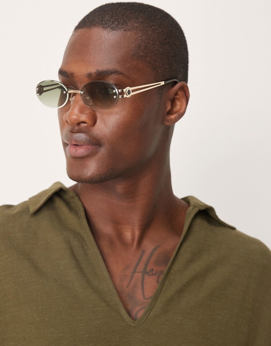 ASOS DESIGN oval rimless sunglasses in gold tone with olive lenses