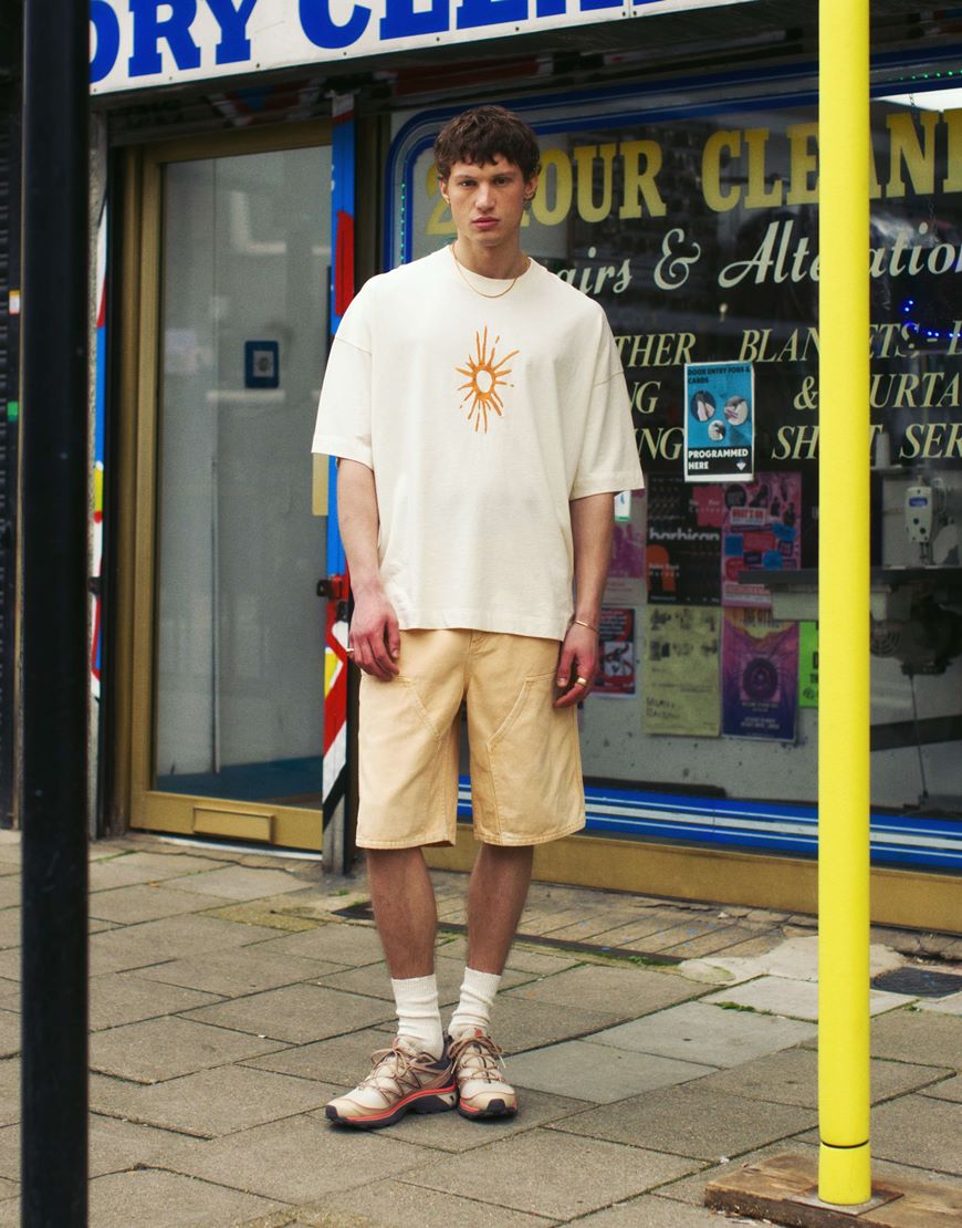 A model wearing yellow carpenter shorts