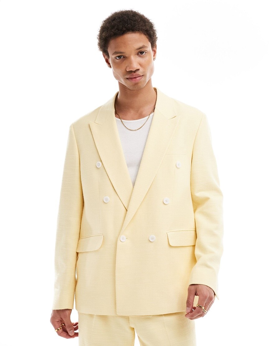 A model wearing a yellow double breasted jacket