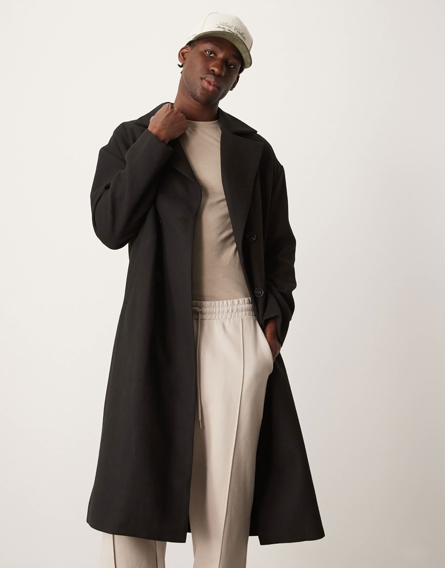 Model wearing a brown overcoat