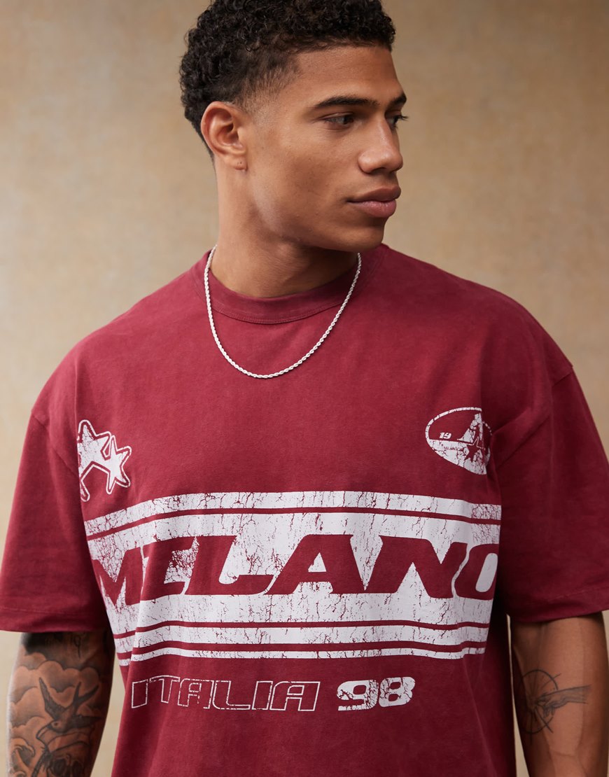 ASOS DESIGN oversized t-shirt with front chest print in burgundy | ASOS Style Feed