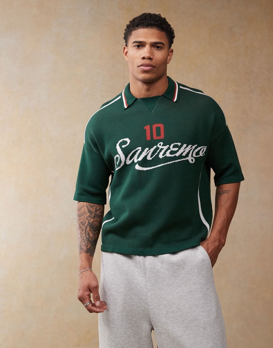 ASOS DESIGN relaxed boxy fit knitted polo with sport pattern in dark green | ASOS Style Feed