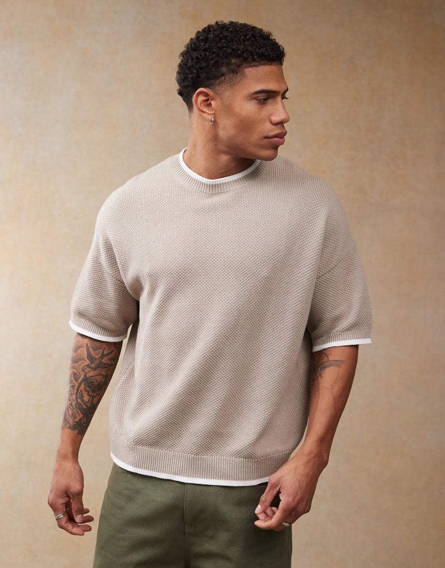 ASOS DESIGN oversized boxy fit knitted pique crew neck t-shirt in stone | ASOS Style Feed