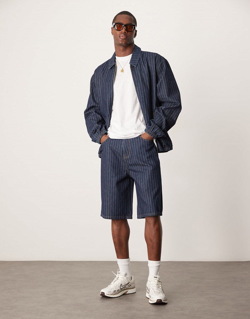ASOS DESIGN co-ord long length denim jorts with pinstripes in dark wash blue | ASOS Style Feed