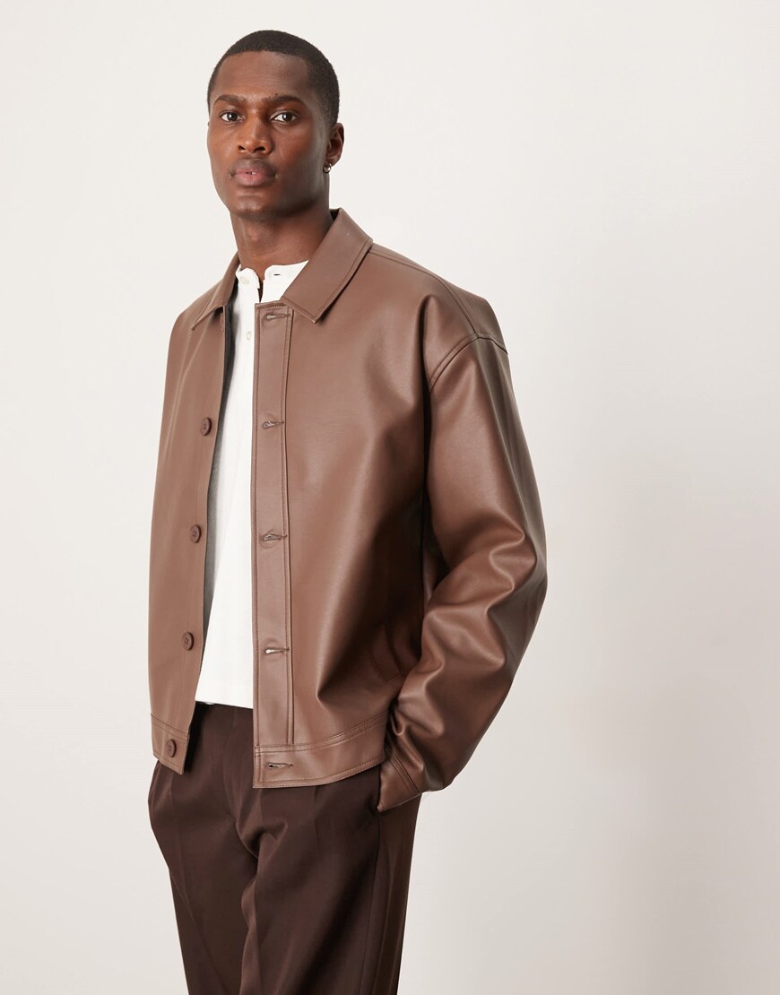 ASOS DESIGN faux leather oversized harrington jacket in brown