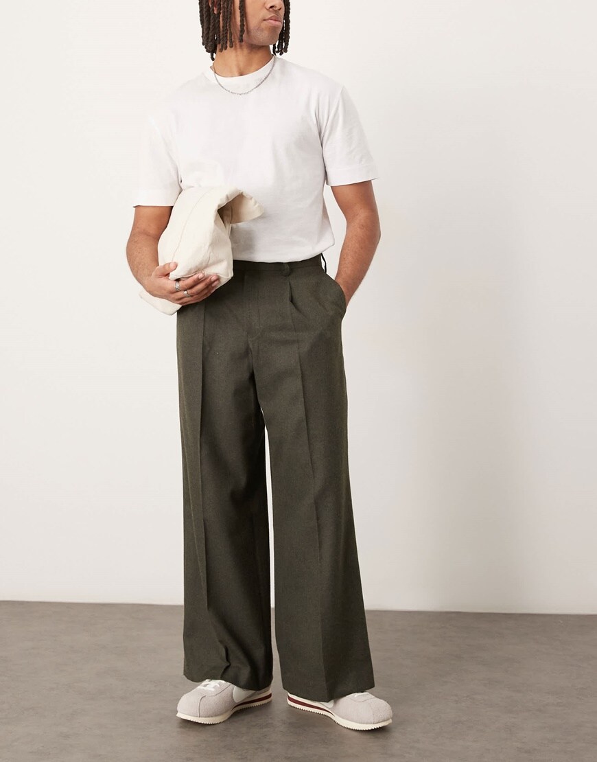 ASOS DESIGN smart wool look loose leg pants in charcoal with front pleat