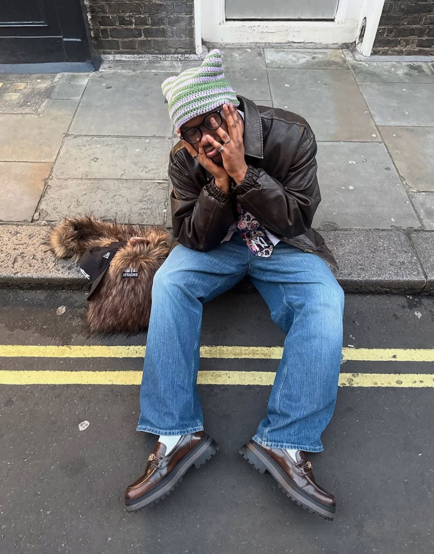 Man wearing leather jacket, jeans and loafers | ASOS Style Feed