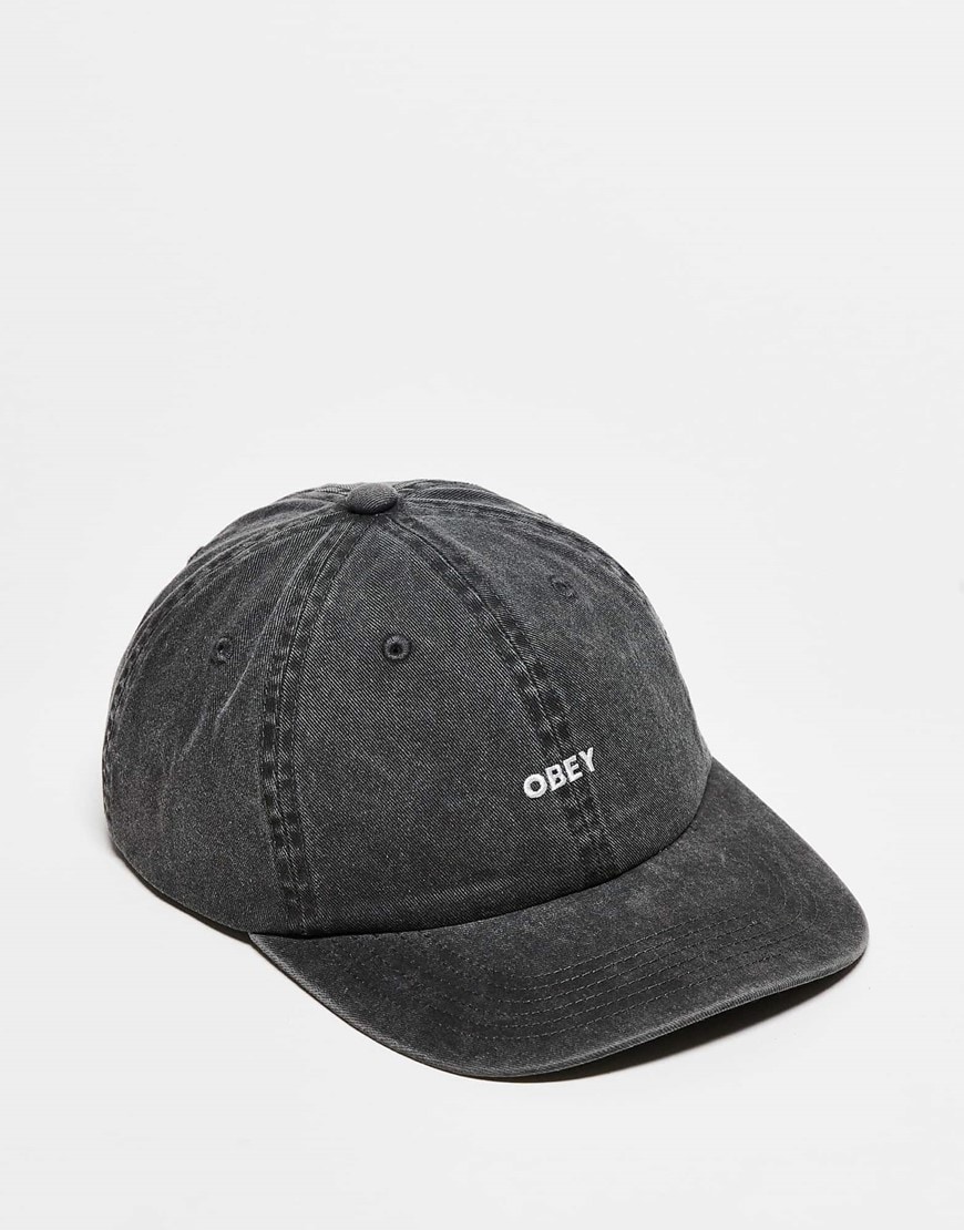 Obey pigment bold 6 panel strapback logo cap in black wash | ASOS Style Feed
