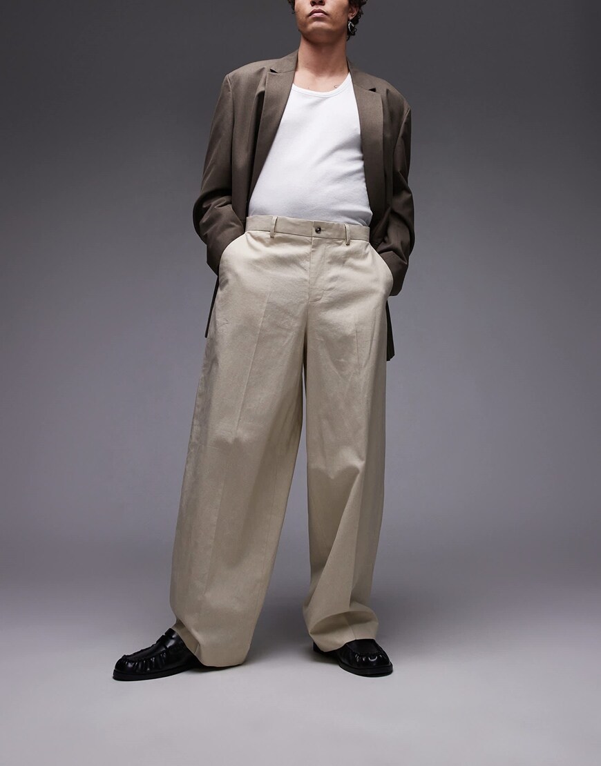 Topman wide leg linen blend suit trousers in stone | ASOS Style Feed