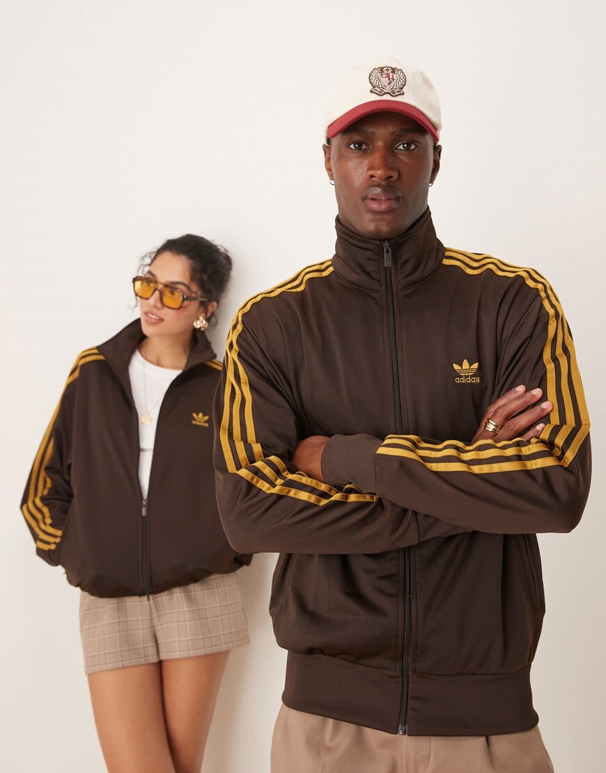 adidas Originals Firebird track top in brown | ASOS Style Feed